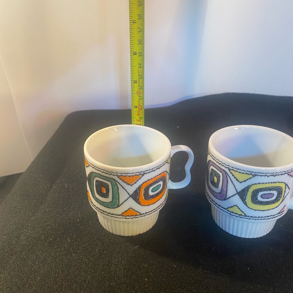 2 Vintage Japan Stacking Mug With Retro Fl  Design Groovy MCM - Picture 5 of 6